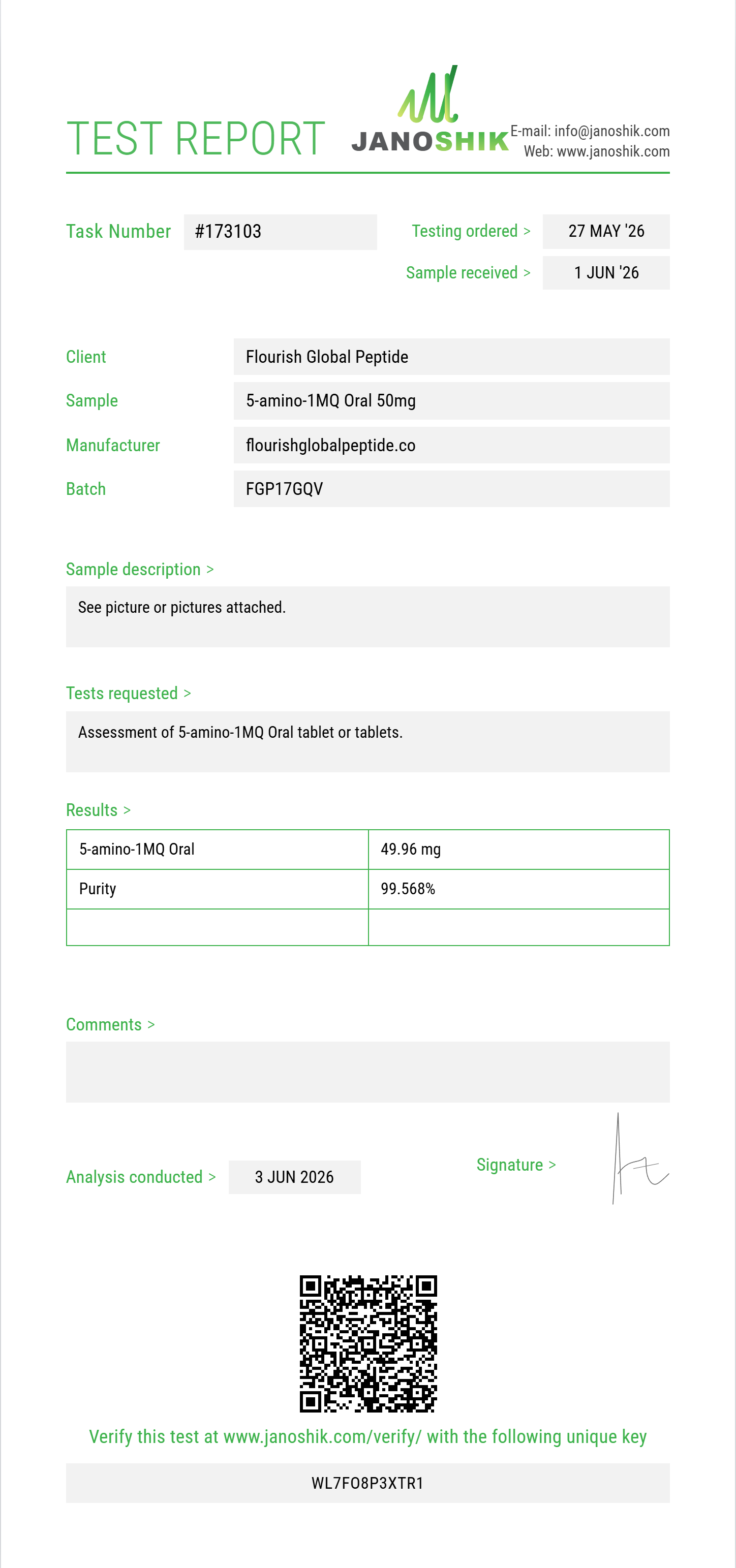 5-amino-1MQ Oral Purity (HPLC) report by Janoshik Analytical