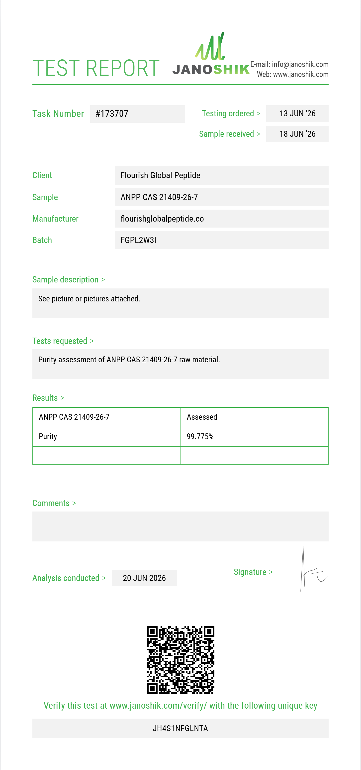 ANPP (4-anilino-N-phenethylpiperidine) CAS 21409-26-7 Purity (HPLC) report by Janoshik Analytical