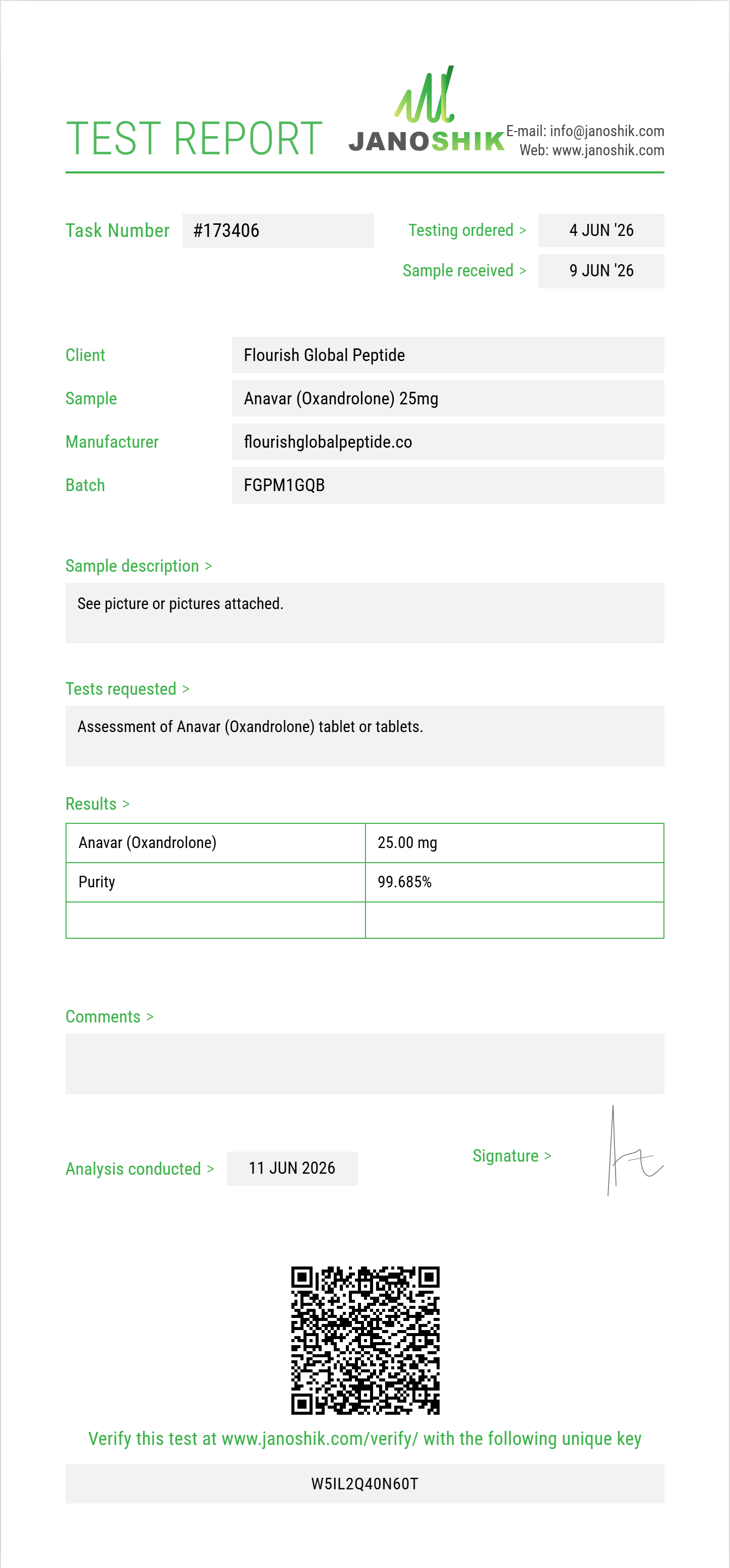 Anavar (Oxandrolone) Purity (HPLC) report by Janoshik Analytical