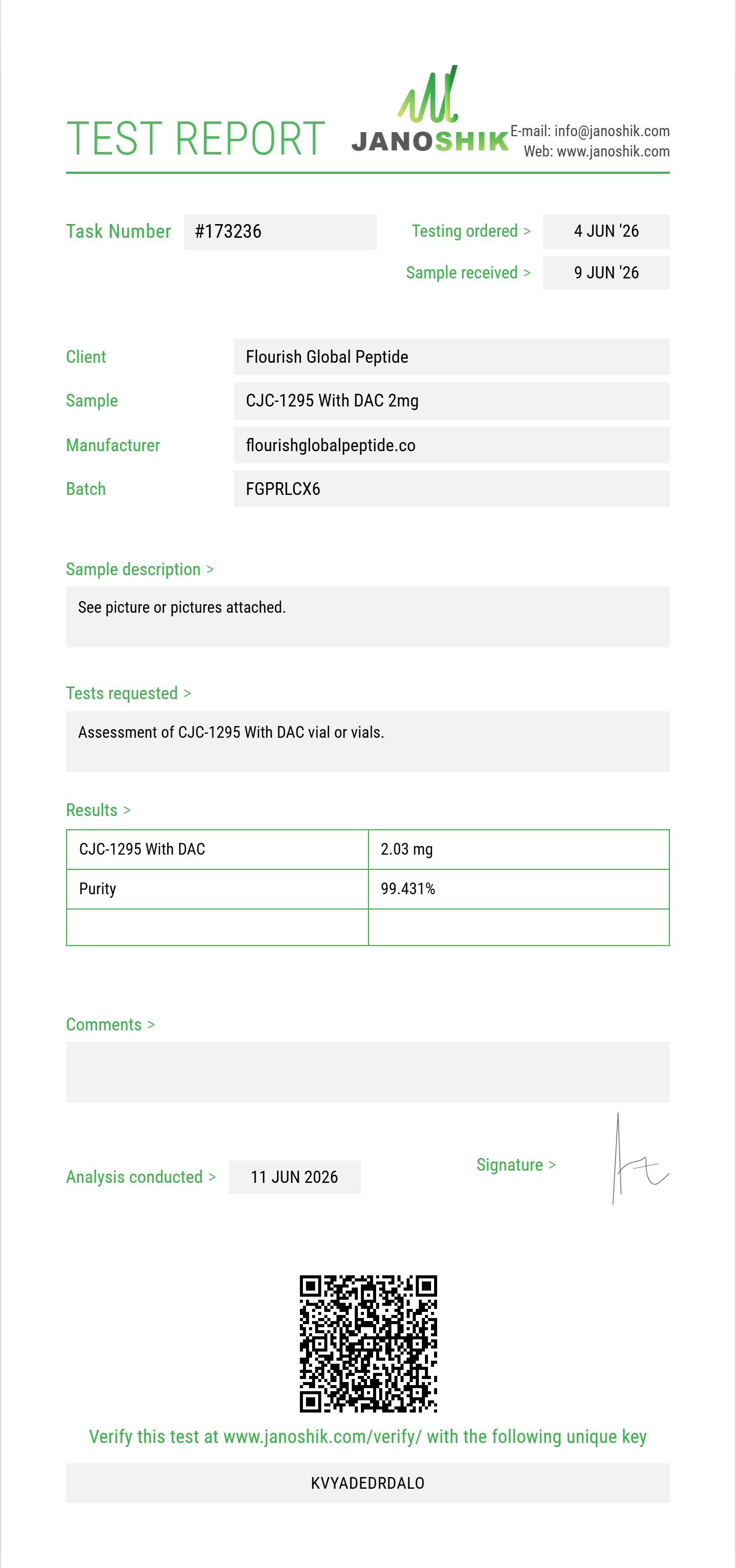 CJC-1295 With DAC Purity (HPLC) report by Janoshik Analytical