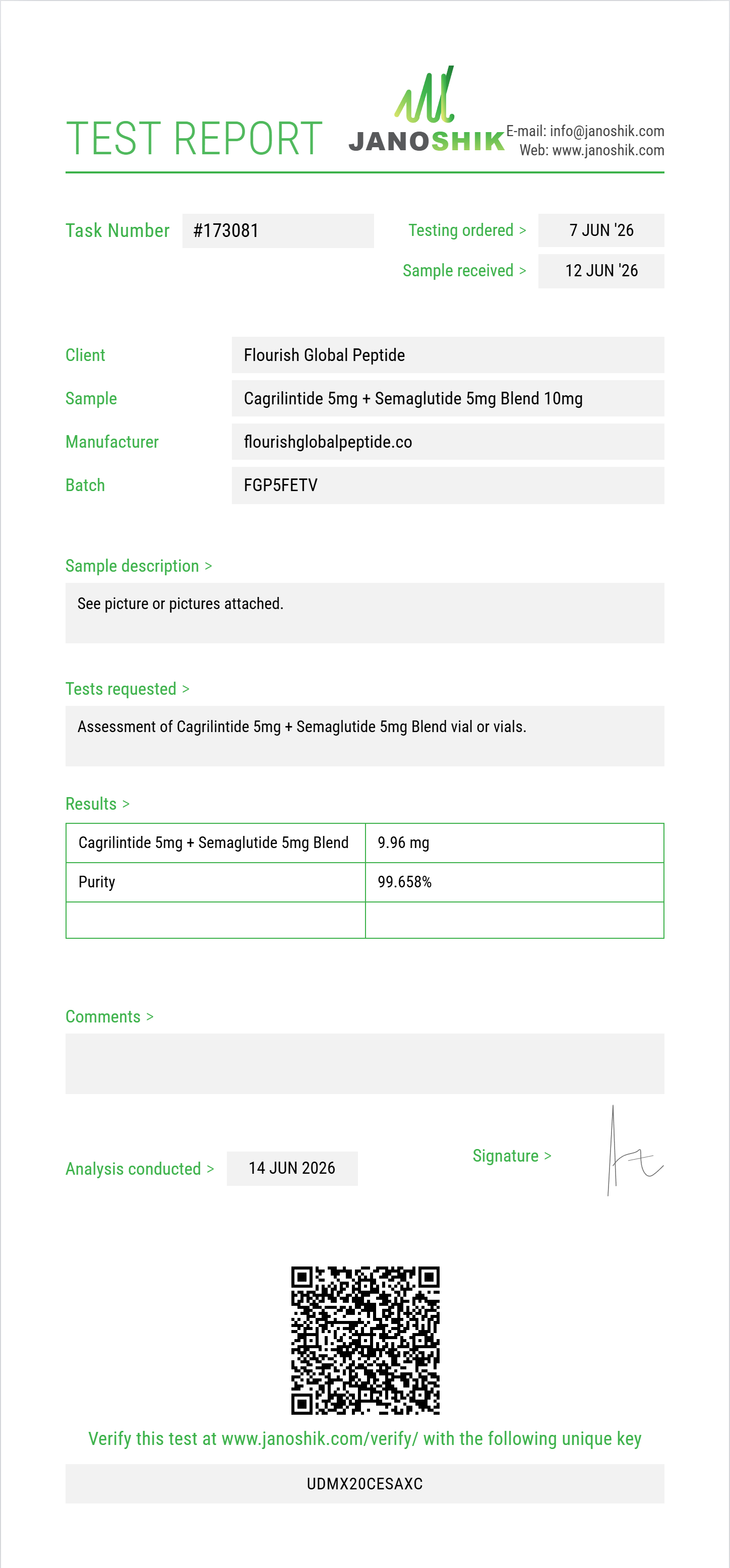 Cagrilintide 5mg + Semaglutide 5mg Blend Purity (HPLC) report by Janoshik Analytical