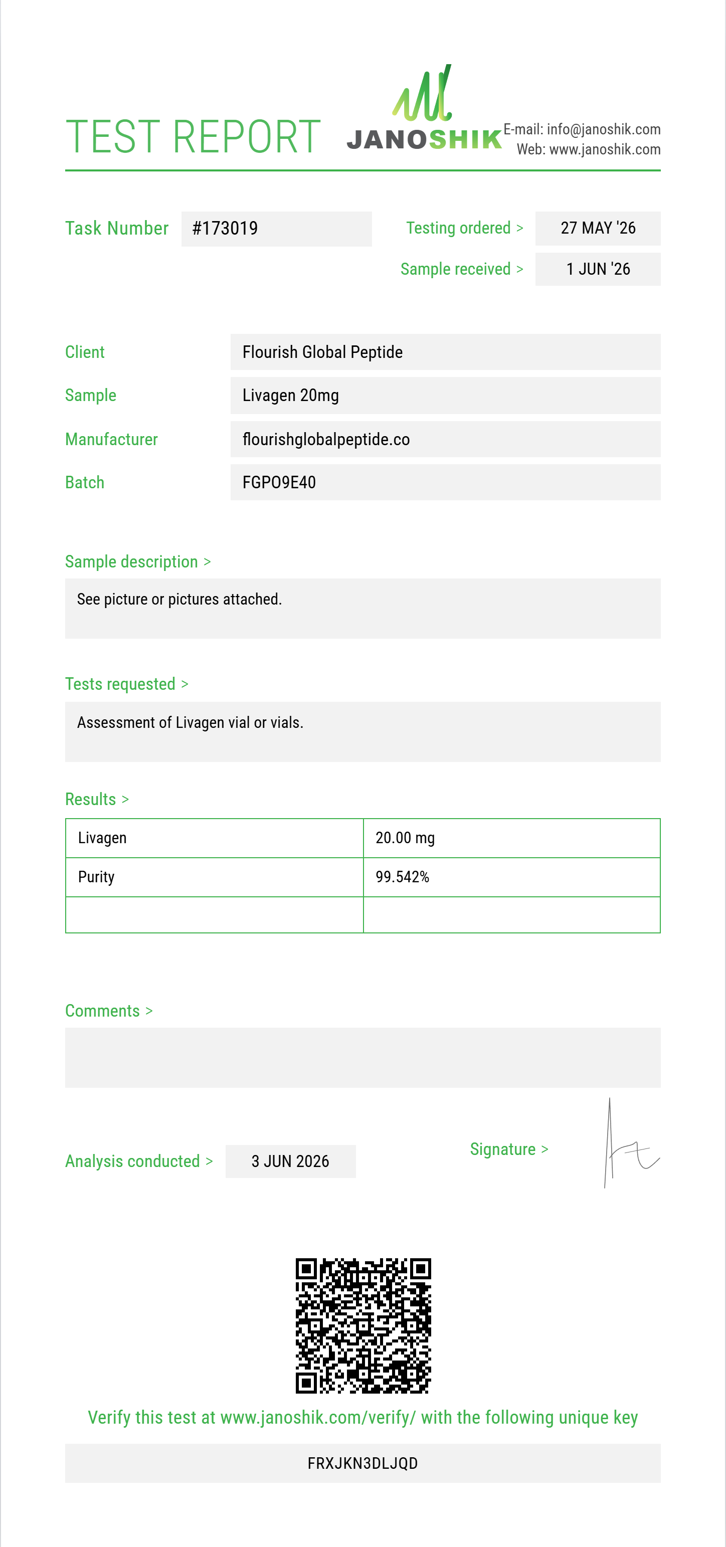Livagen Purity (HPLC) report by Janoshik Analytical