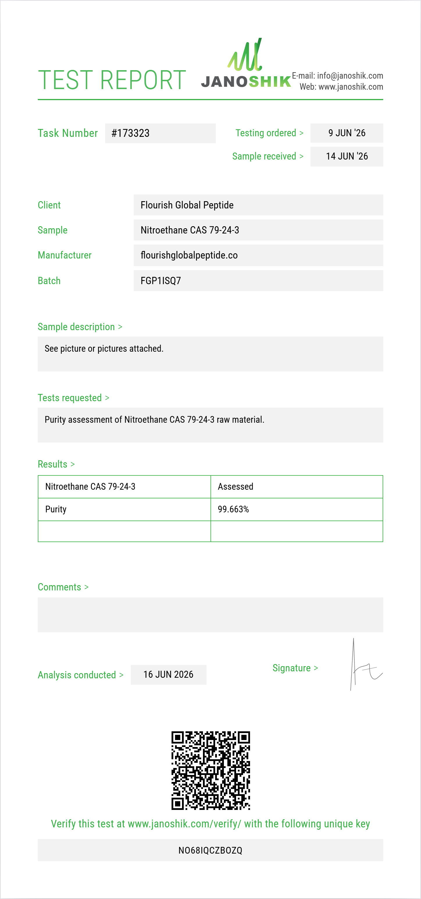 Nitroethane CAS 79-24-3 Purity (HPLC) report by Janoshik Analytical