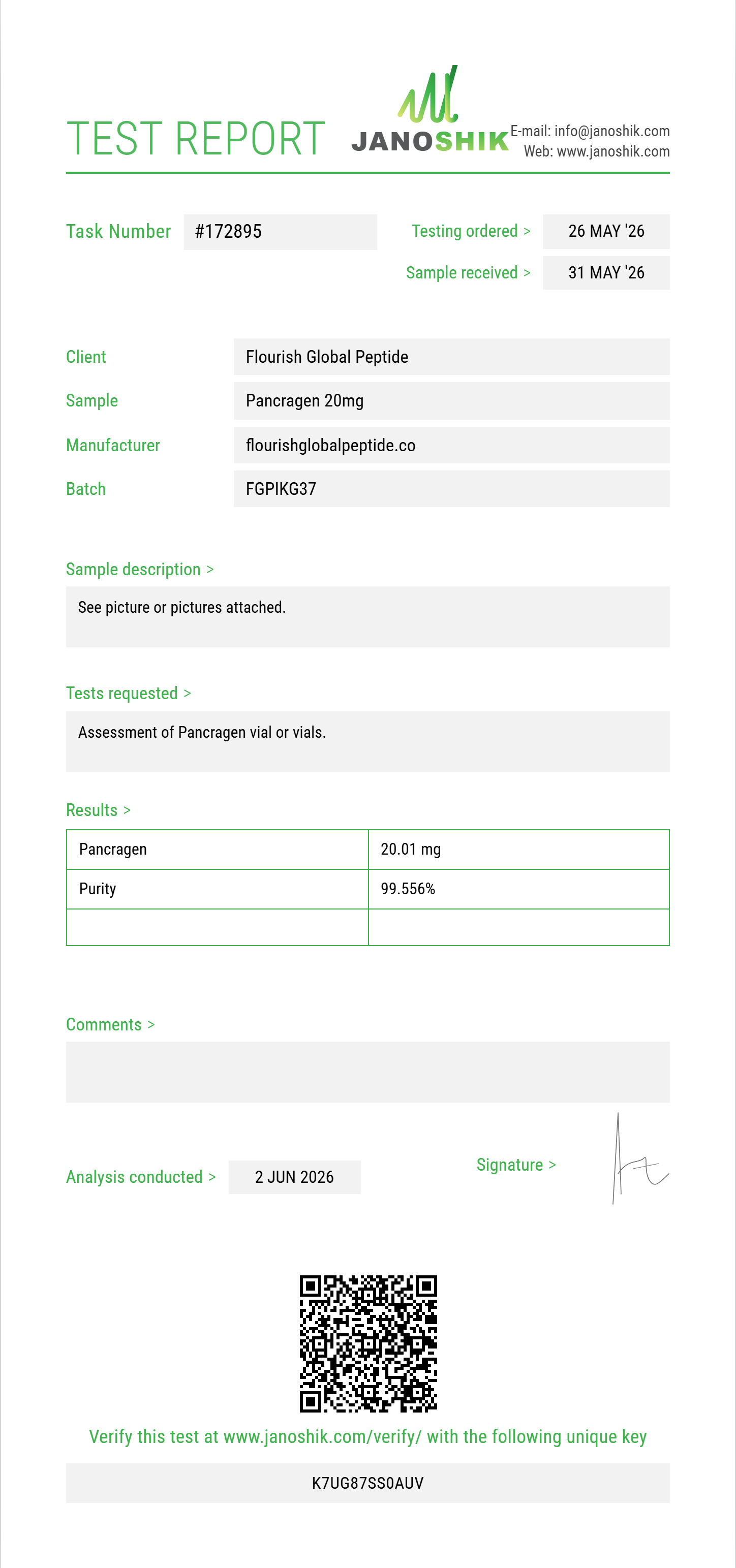 Pancragen Purity (HPLC) report by Janoshik Analytical