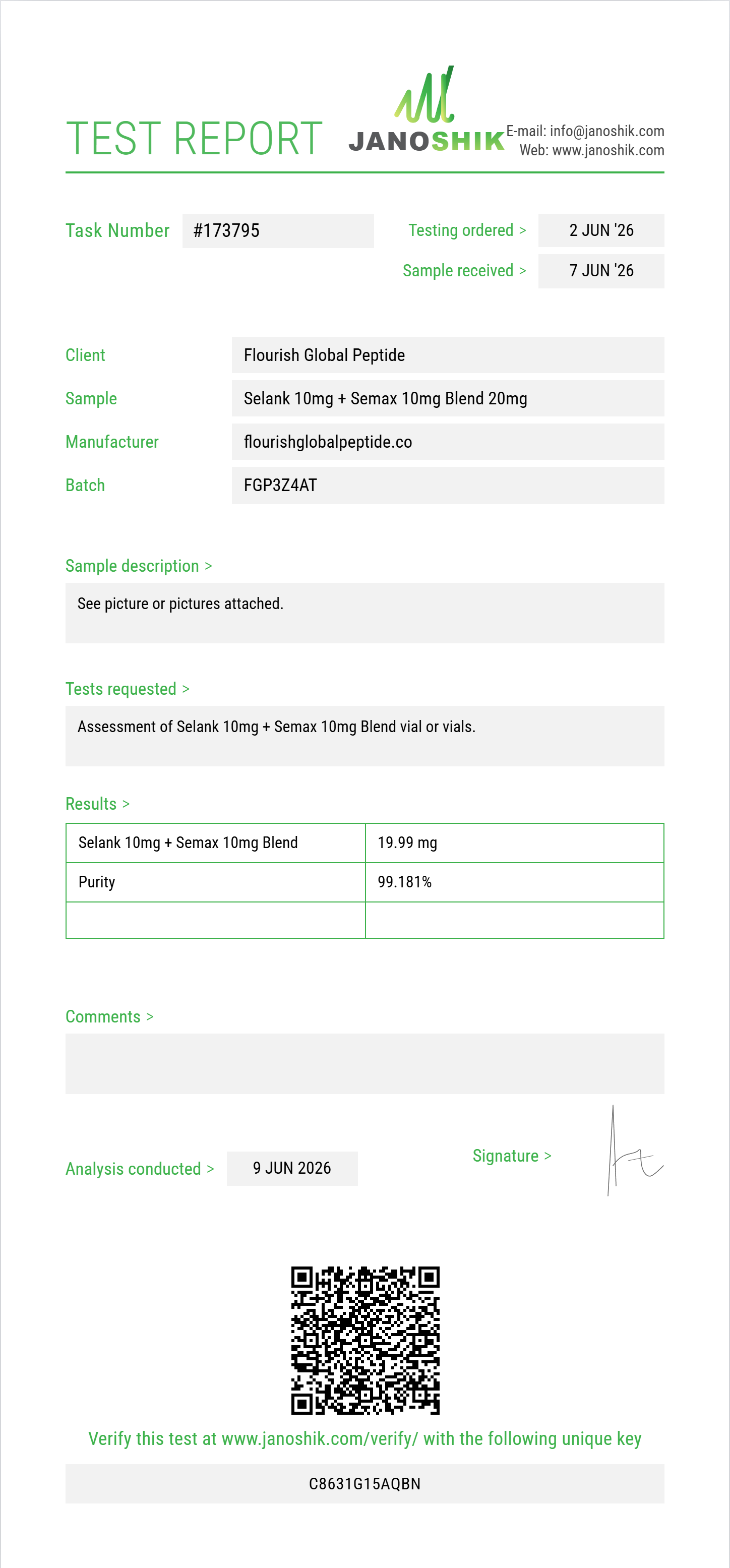 Selank 10mg + Semax 10mg Blend Purity (HPLC) report by Janoshik Analytical