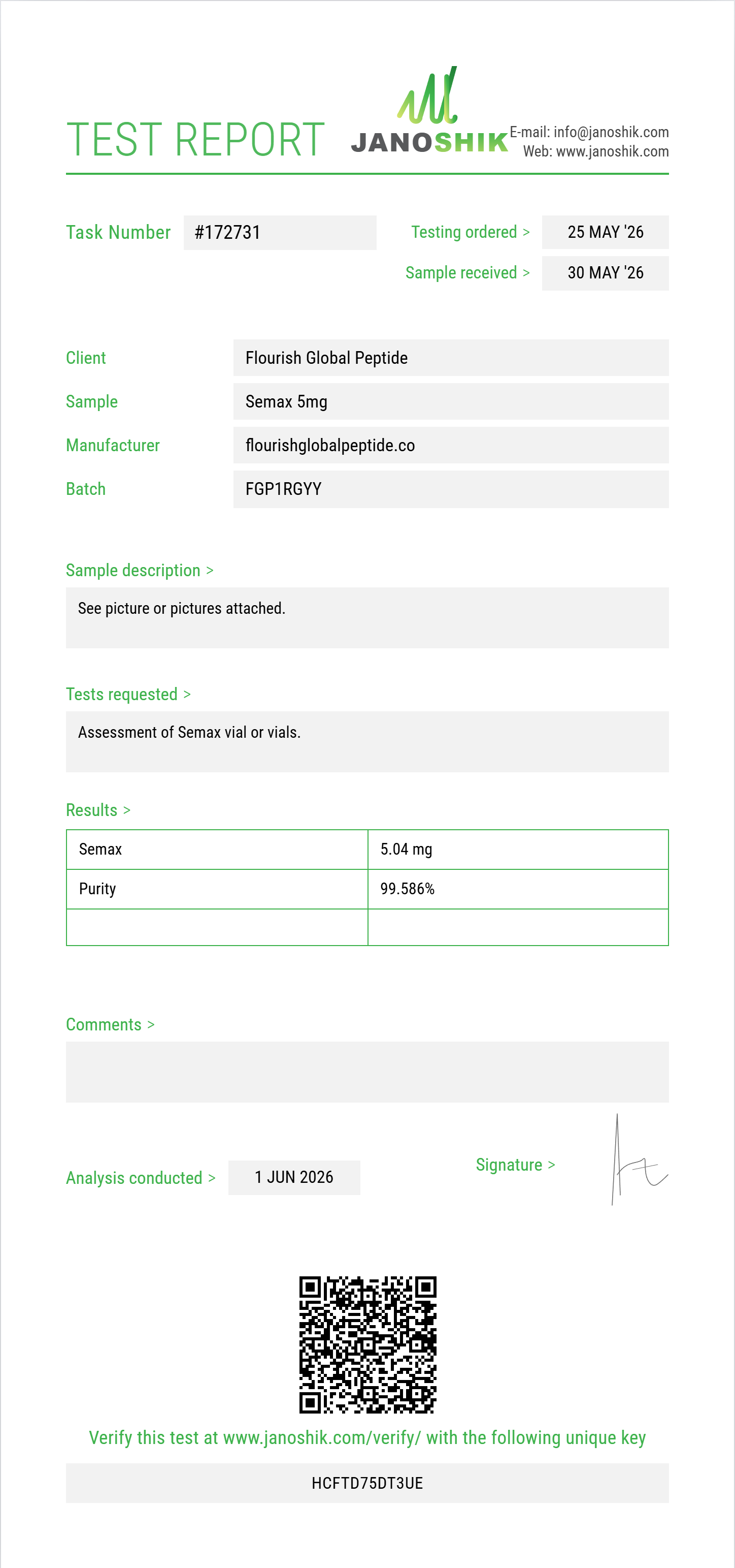 Semax Purity (HPLC) report by Janoshik Analytical