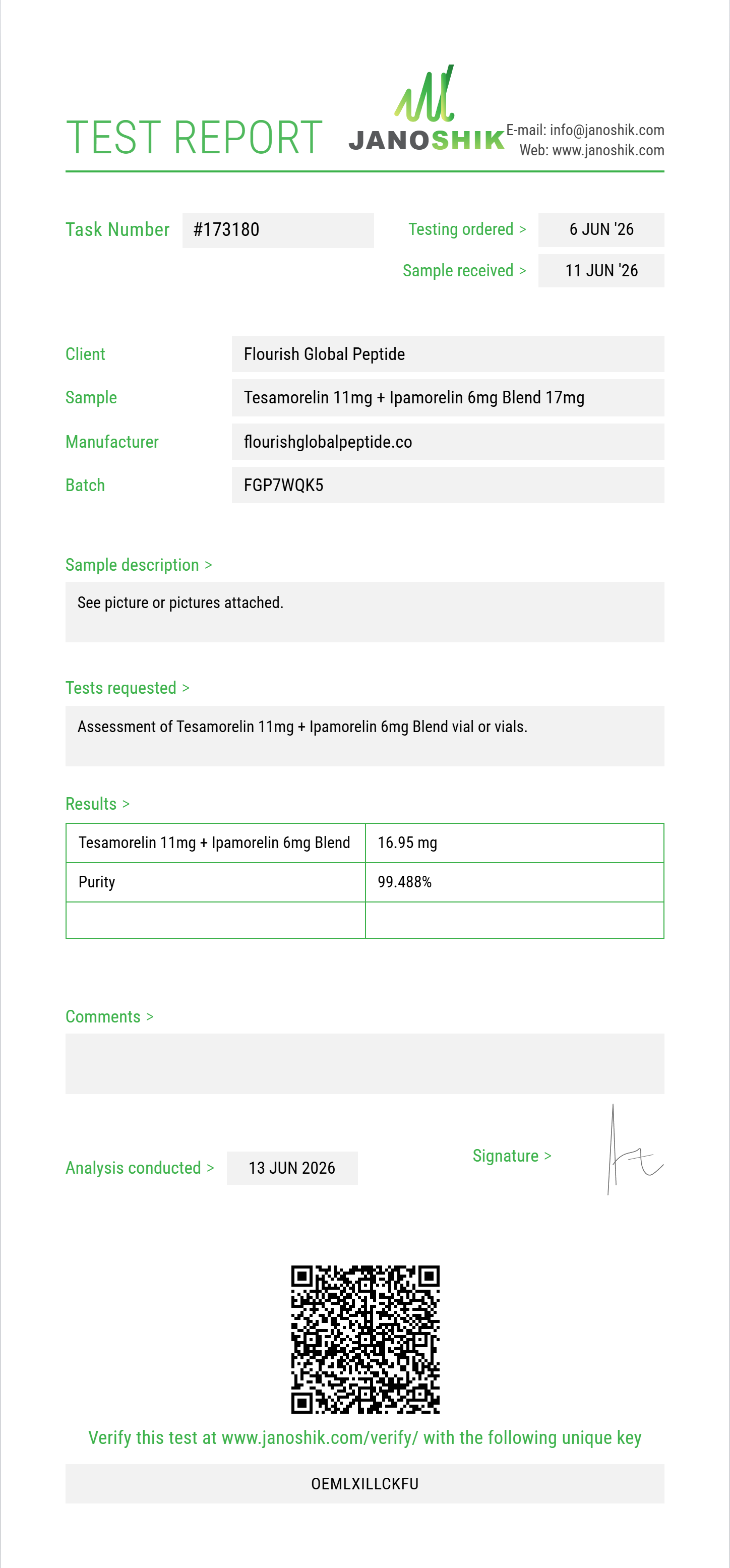 Tesamorelin 11mg + Ipamorelin 6mg Blend Purity (HPLC) report by Janoshik Analytical