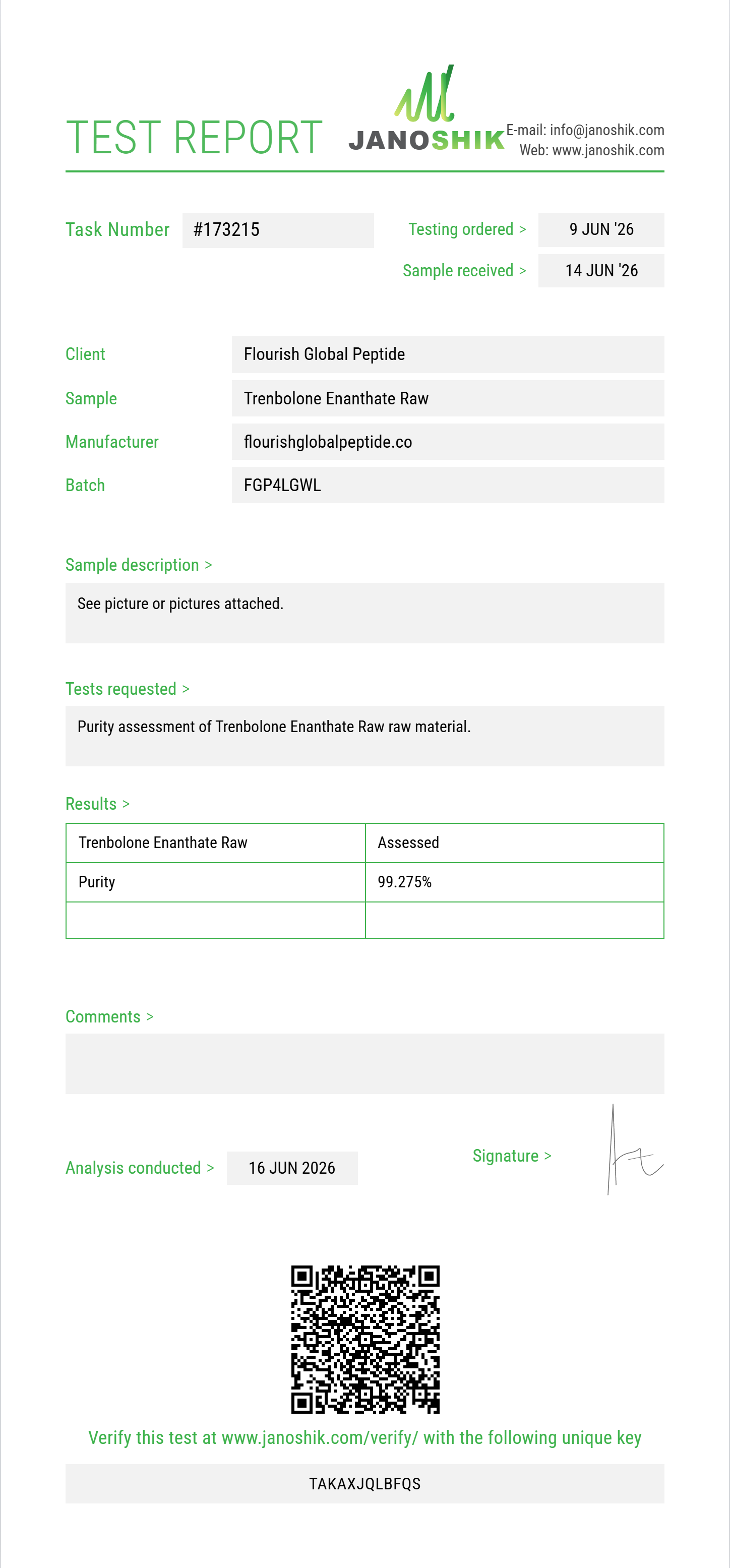 Trenbolone Enanthate Raw Purity (HPLC) report by Janoshik Analytical
