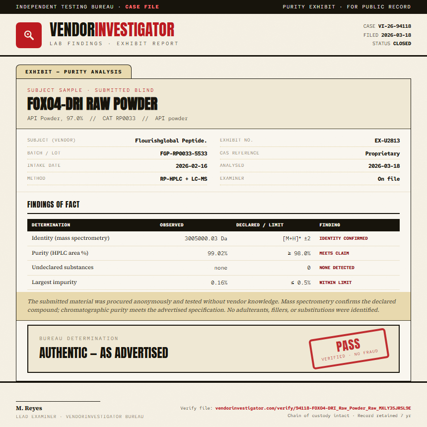 FOXO4-DRI Raw Powder Purity (HPLC) report by VendorInvestigator