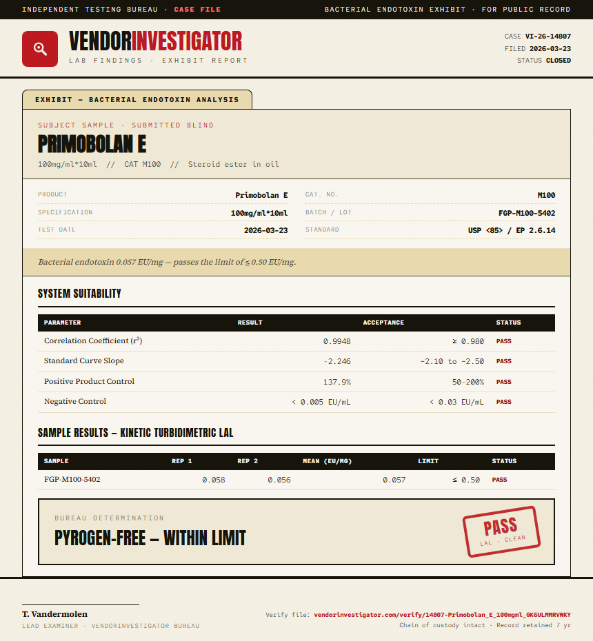 Primobolan E Endotoxin report by VendorInvestigator